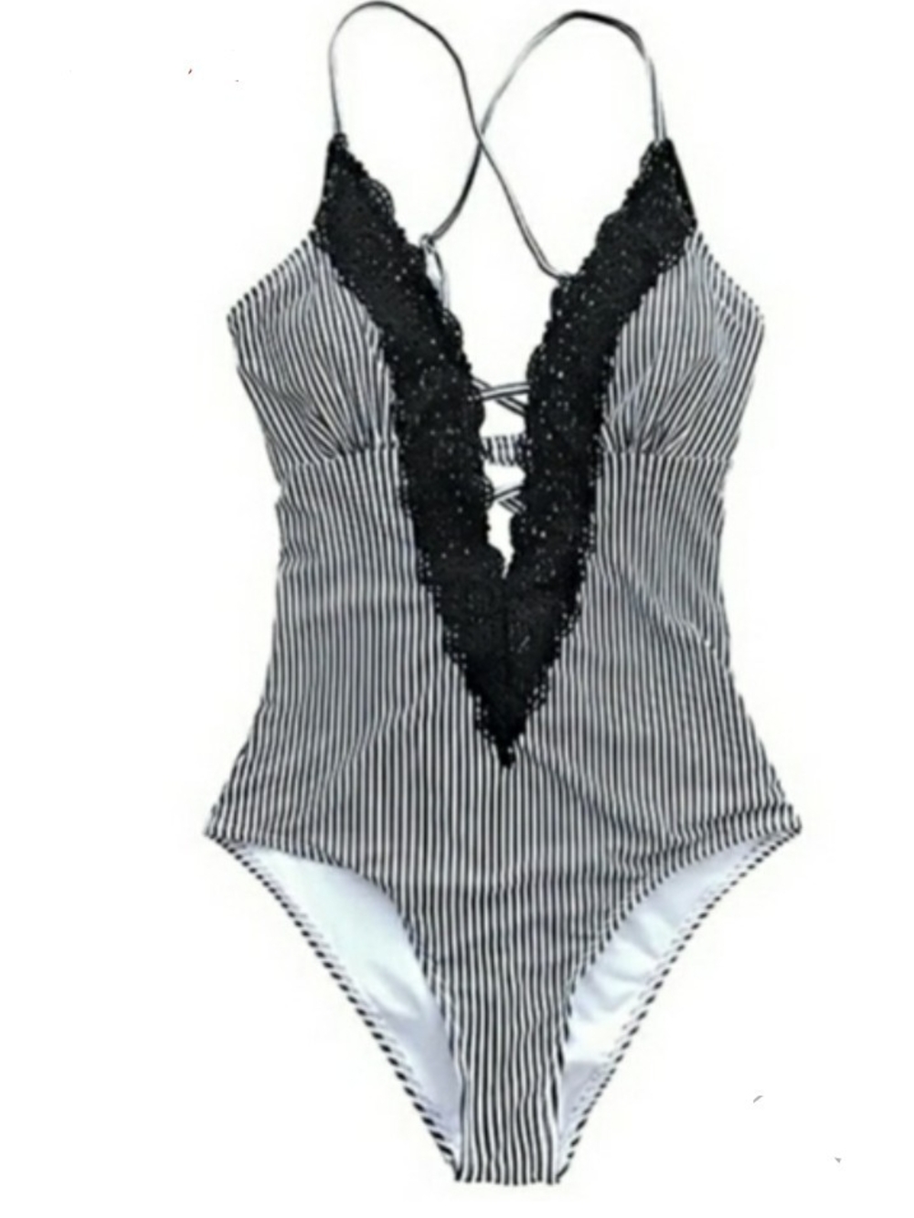 Cupshe Black & White Striped Lace-Trim One-Piece Swimsuit